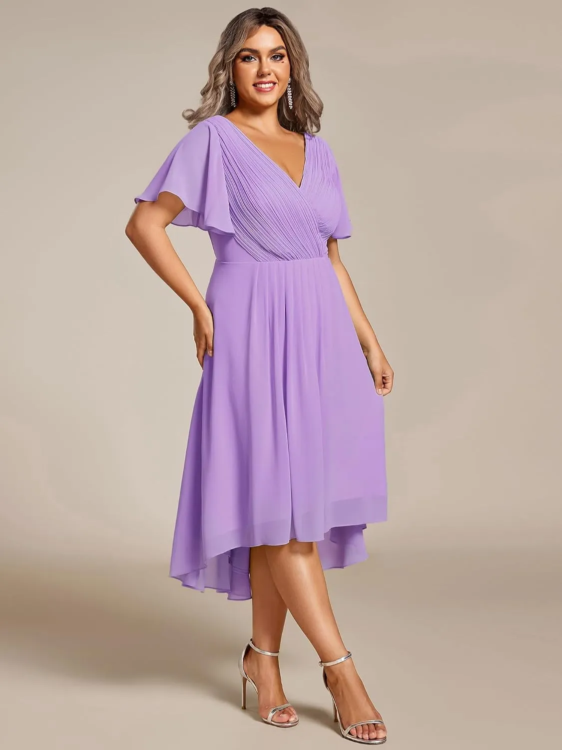 Ever-Pretty A Line V Neck Chiffon Short Sleeves High Low Knee Length Plus Size Wedding Guest Dresses for Curvy Women 01923-DA
