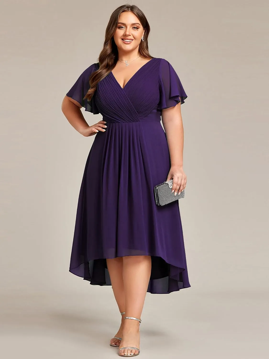 Ever-Pretty A Line V Neck Chiffon Short Sleeves High Low Knee Length Plus Size Wedding Guest Dresses for Curvy Women 01923-DA