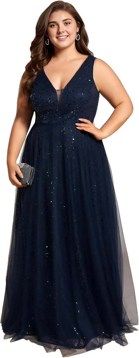 Ever-Pretty Plus Sparkle V Neck A Line Sleeveless Sequin Plus Size Prom Dresses Ball Gowns for Curvy Women 02163-DA