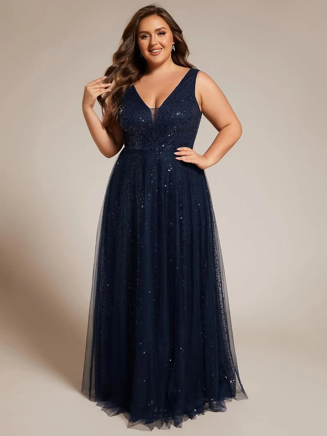Ever-Pretty Plus Sparkle V Neck A Line Sleeveless Sequin Plus Size Prom Dresses Ball Gowns for Curvy Women 02163-DA