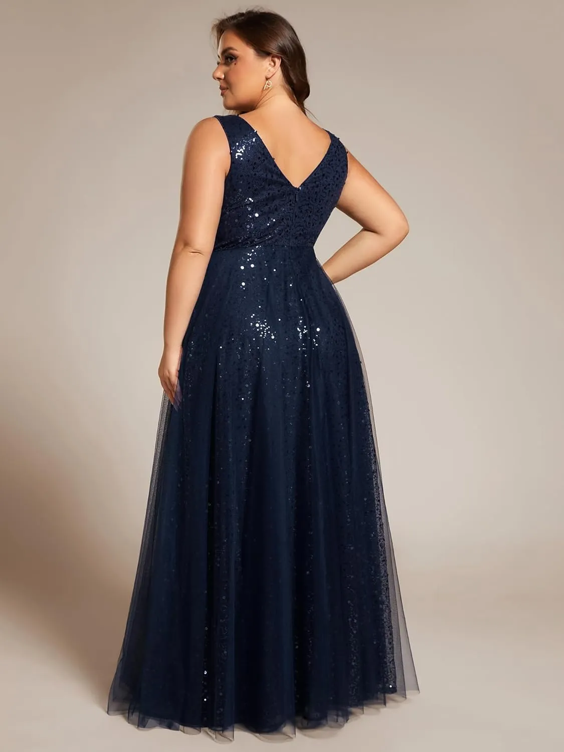 Ever-Pretty Plus Sparkle V Neck A Line Sleeveless Sequin Plus Size Prom Dresses Ball Gowns for Curvy Women 02163-DA