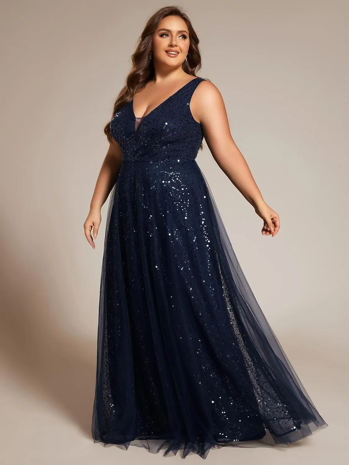 Ever-Pretty Plus Sparkle V Neck A Line Sleeveless Sequin Plus Size Prom Dresses Ball Gowns for Curvy Women 02163-DA