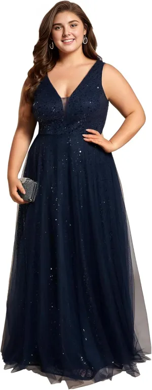 Ever-Pretty Plus Sparkle V Neck A Line Sleeveless Sequin Plus Size Prom Dresses Ball Gowns for Curvy Women 02163-DA