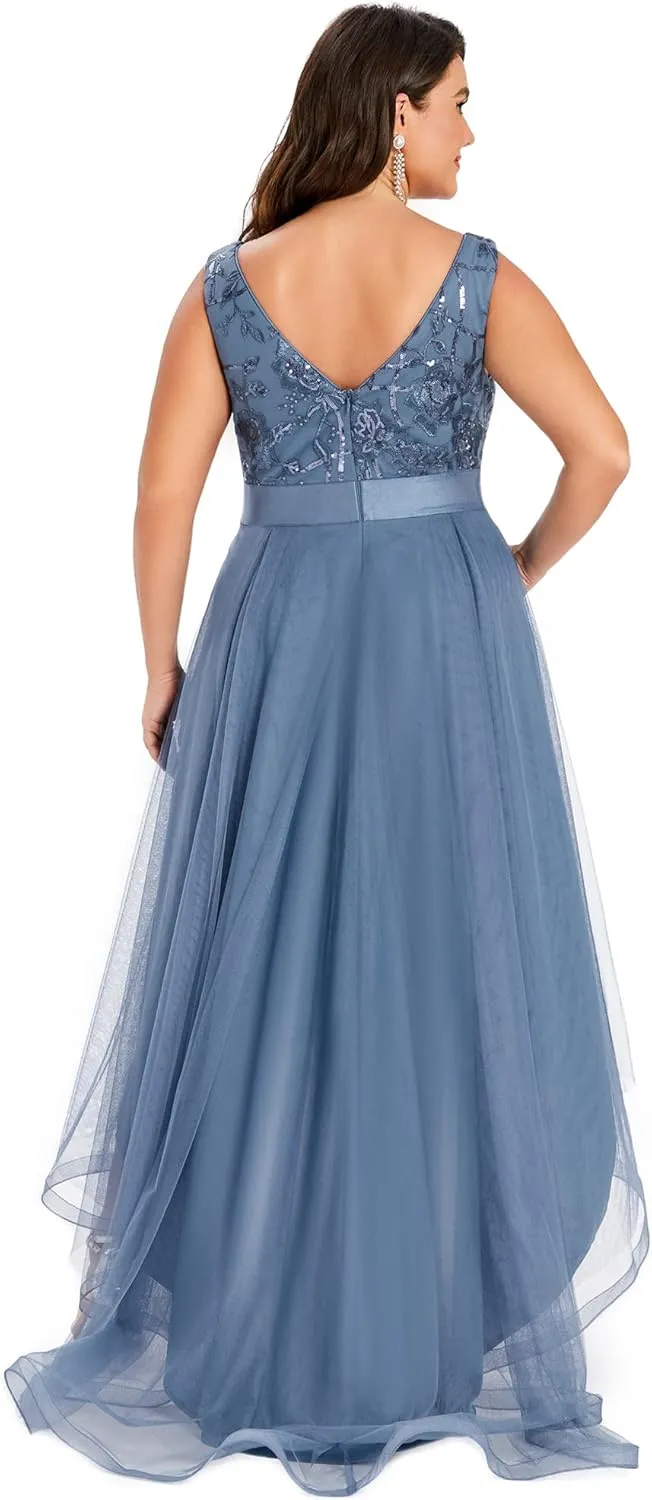 Ever-Pretty Plus Women's Deep V-Neck Lace Applique High Low A-Line Plus Size Tulle Maxi Evening Party Dresses 00793-DA