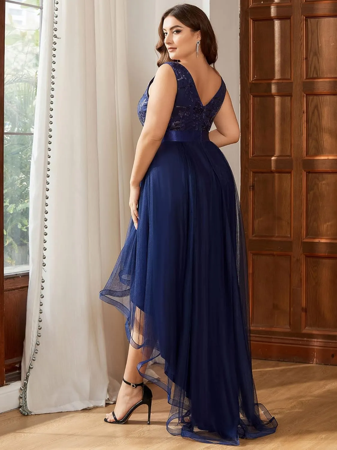 Ever-Pretty Plus Women's Deep V-Neck Lace Applique High Low A-Line Plus Size Tulle Maxi Evening Party Dresses 00793-DA