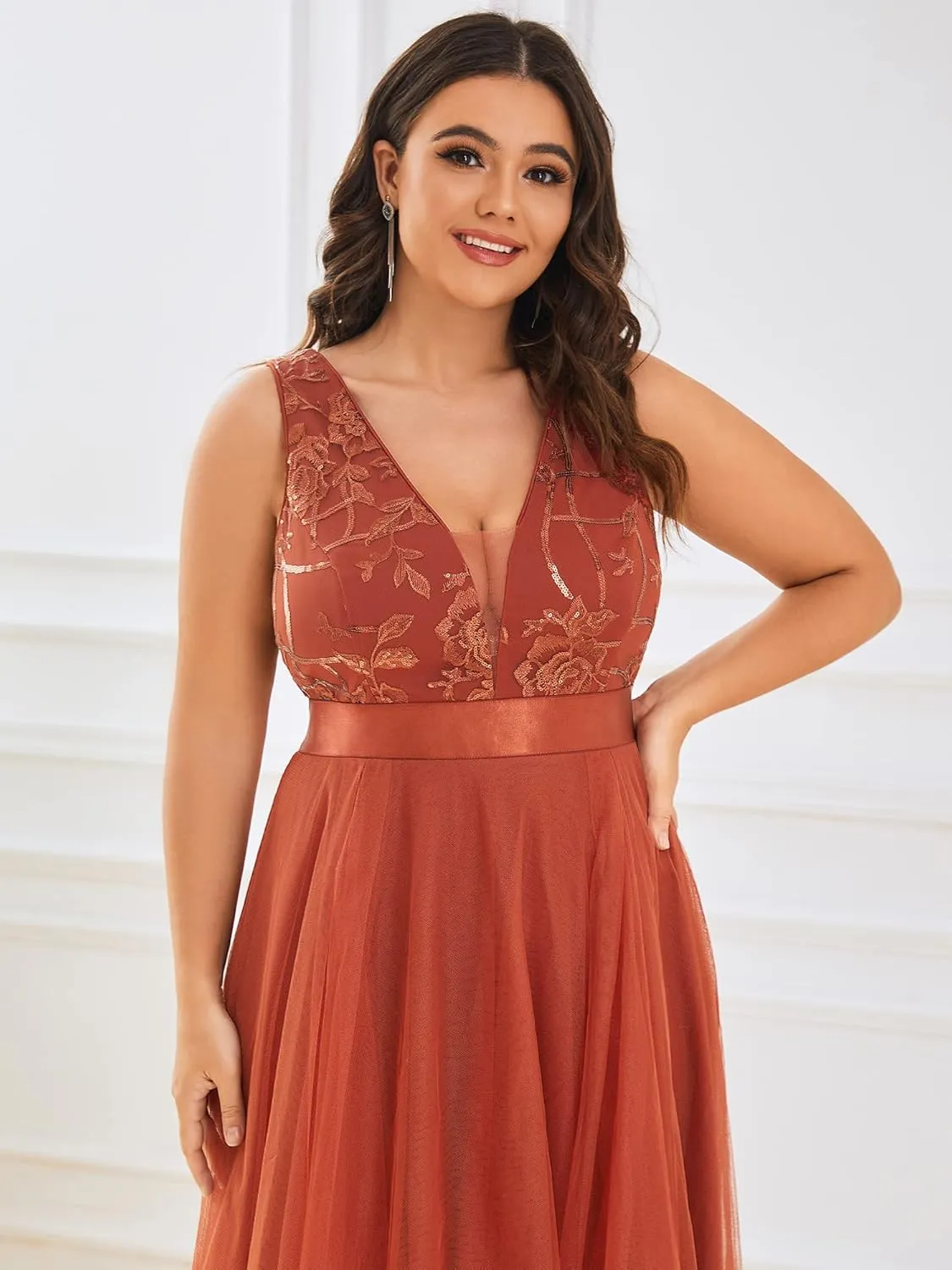Ever-Pretty Plus Women's Deep V-Neck Lace Applique High Low A-Line Plus Size Tulle Maxi Evening Party Dresses 00793-DA