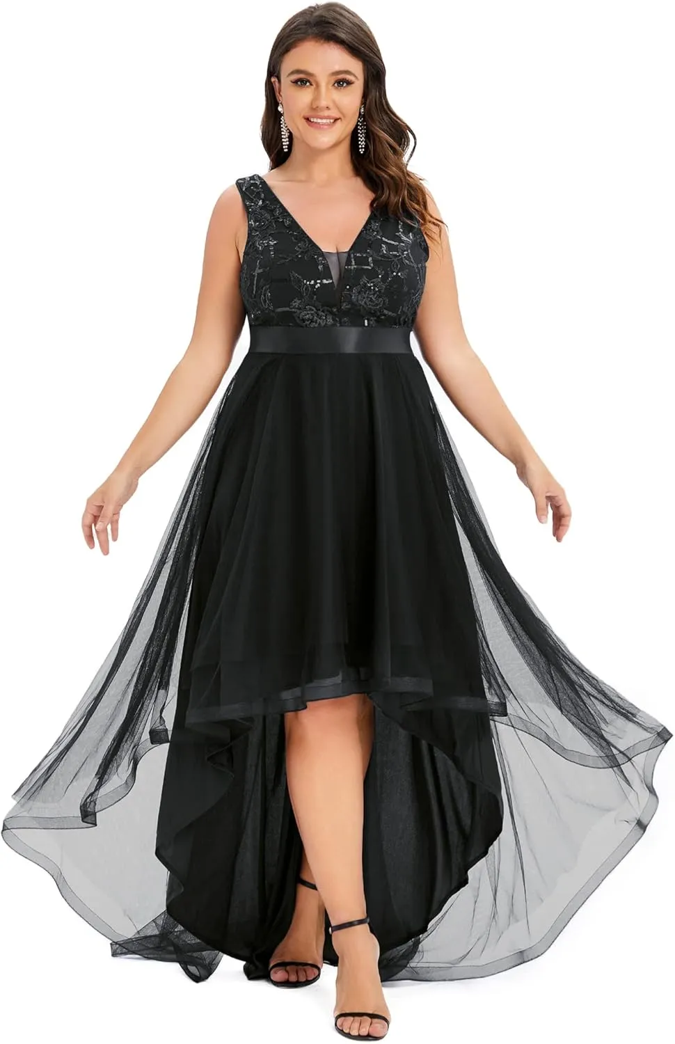 Ever-Pretty Plus Women's Deep V-Neck Lace Applique High Low A-Line Plus Size Tulle Maxi Evening Party Dresses 00793-DA