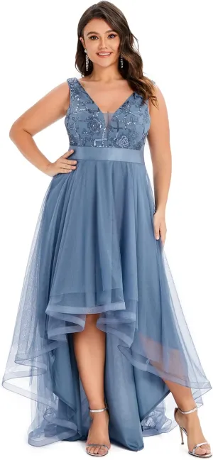 Ever-Pretty Plus Women's Deep V-Neck Lace Applique High Low A-Line Plus Size Tulle Maxi Evening Party Dresses 00793-DA