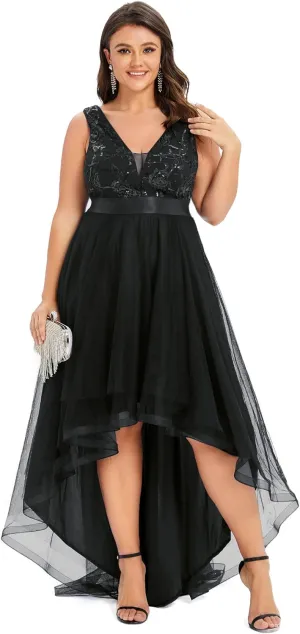 Ever-Pretty Plus Women's Deep V-Neck Lace Applique High Low A-Line Plus Size Tulle Maxi Evening Party Dresses 00793-DA
