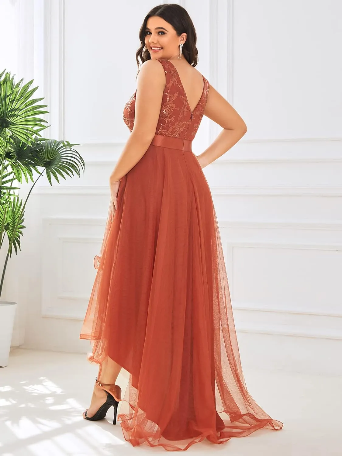 Ever-Pretty Plus Women's Deep V-Neck Lace Applique High Low A-Line Plus Size Tulle Maxi Evening Party Dresses 00793-DA