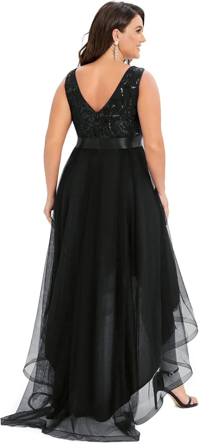 Ever-Pretty Plus Women's Deep V-Neck Lace Applique High Low A-Line Plus Size Tulle Maxi Evening Party Dresses 00793-DA