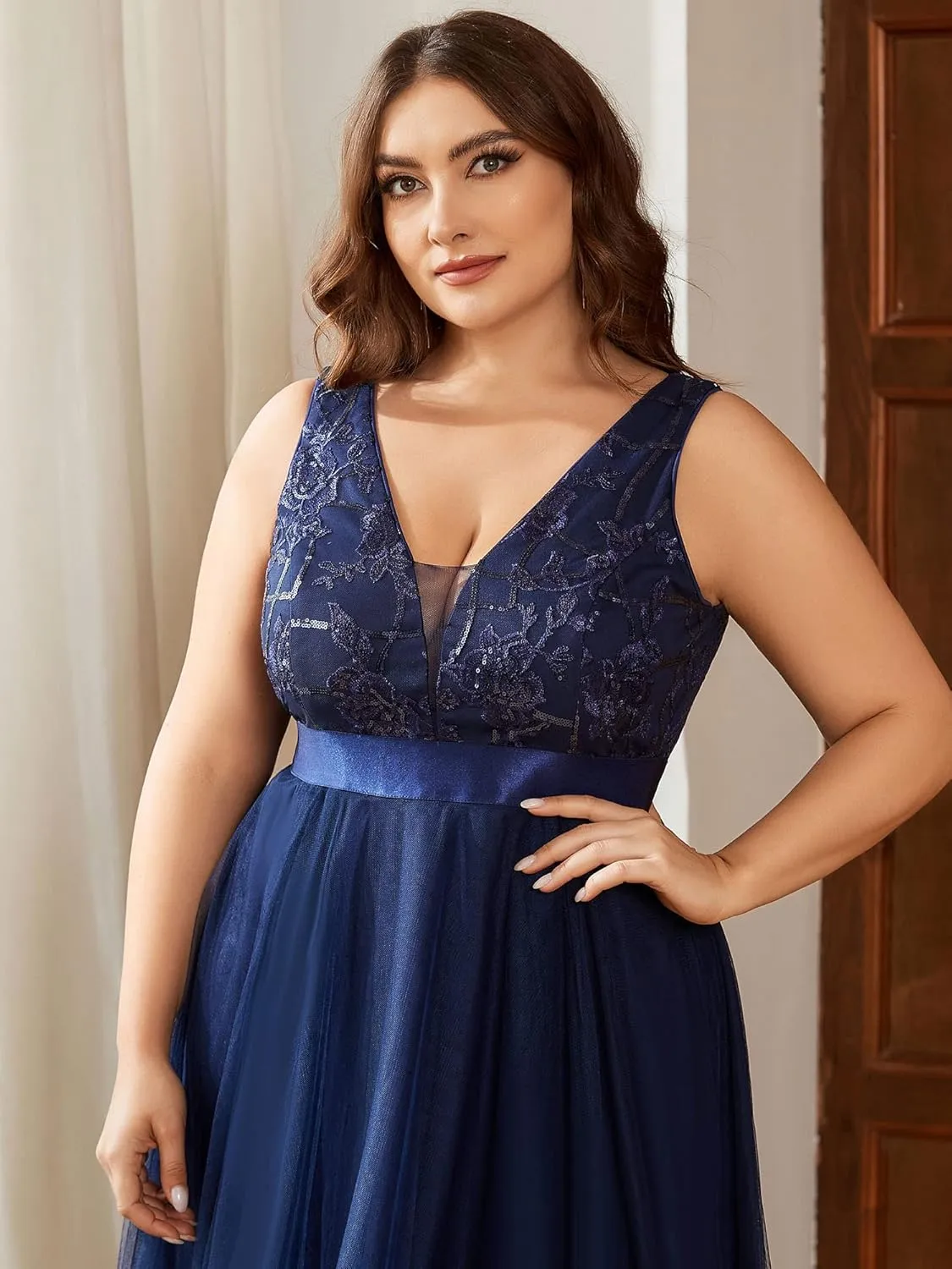 Ever-Pretty Plus Women's Deep V-Neck Lace Applique High Low A-Line Plus Size Tulle Maxi Evening Party Dresses 00793-DA