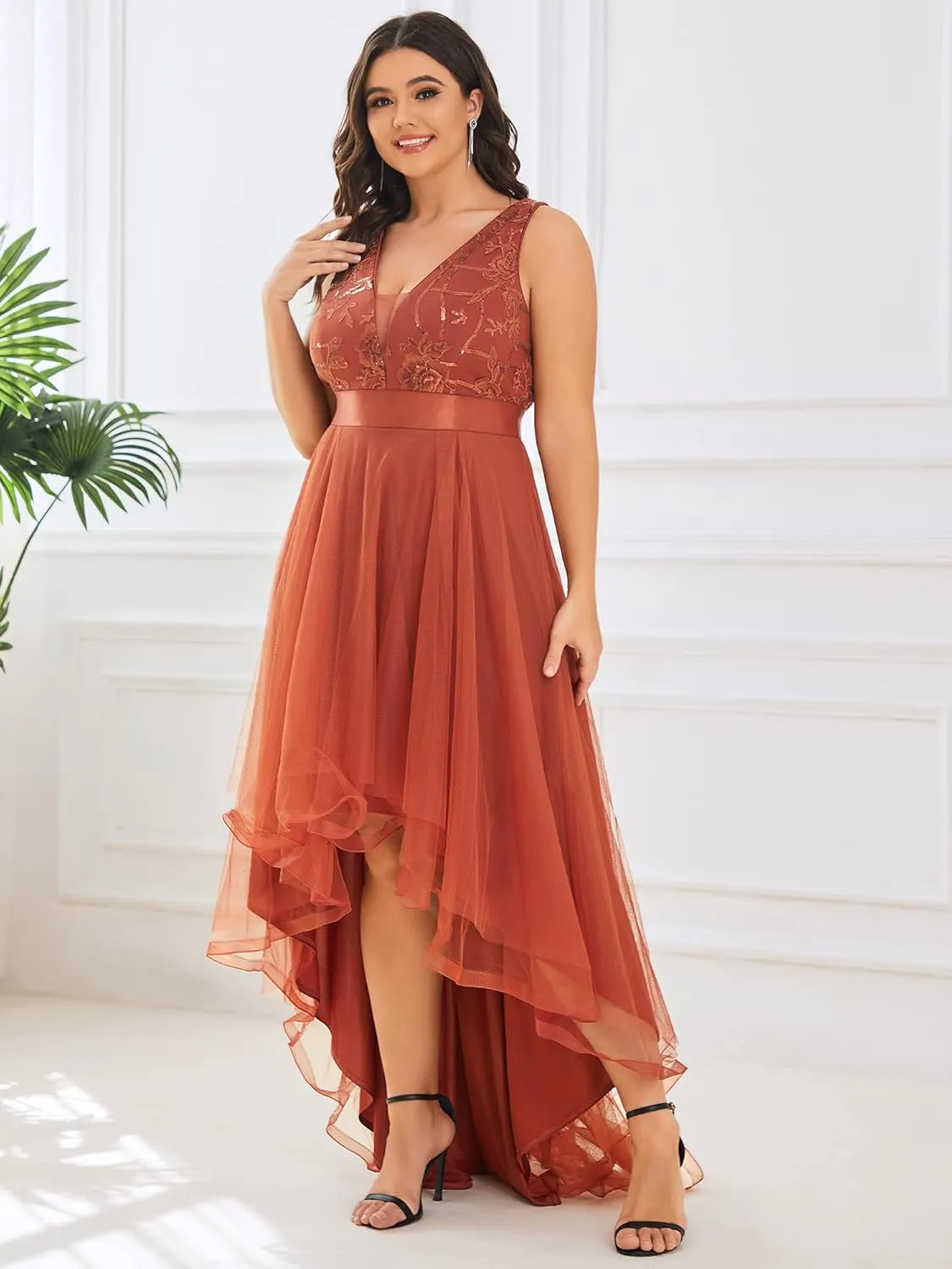 Ever-Pretty Plus Women's Deep V-Neck Lace Applique High Low A-Line Plus Size Tulle Maxi Evening Party Dresses 00793-DA