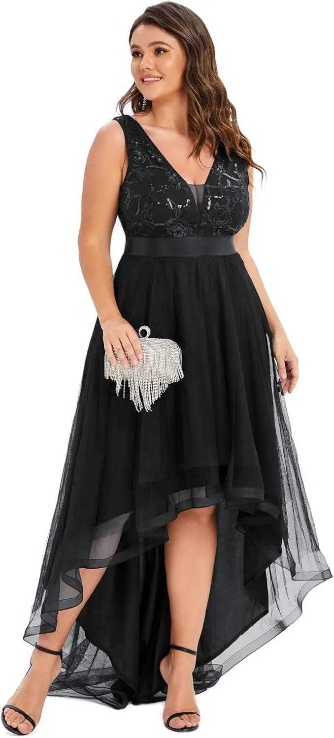 Ever-Pretty Plus Women's Deep V-Neck Lace Applique High Low A-Line Plus Size Tulle Maxi Evening Party Dresses 00793-DA