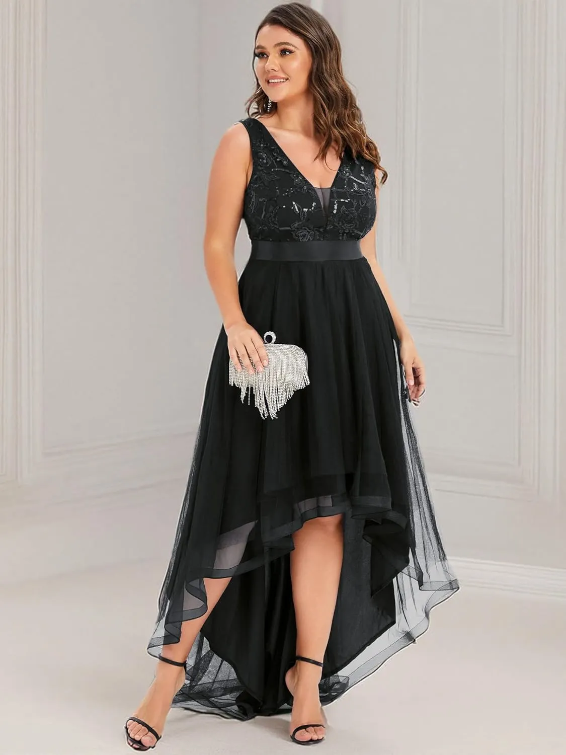 Ever-Pretty Plus Women's Deep V-Neck Lace Applique High Low A-Line Plus Size Tulle Maxi Evening Party Dresses 00793-DA