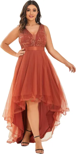 Ever-Pretty Plus Women's Deep V-Neck Lace Applique High Low A-Line Plus Size Tulle Maxi Evening Party Dresses 00793-DA