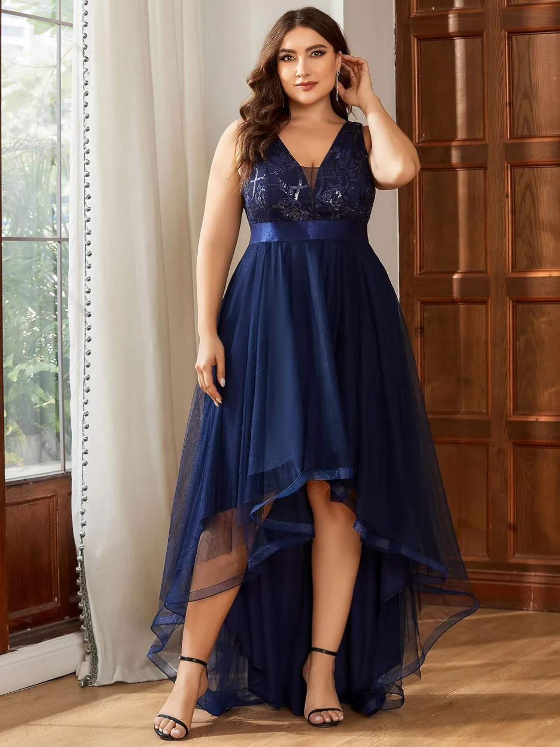 Ever-Pretty Plus Women's Deep V-Neck Lace Applique High Low A-Line Plus Size Tulle Maxi Evening Party Dresses 00793-DA