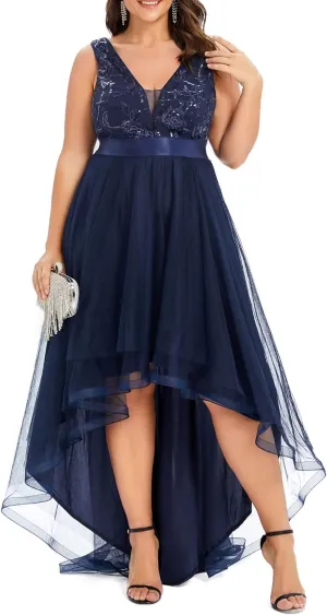 Ever-Pretty Plus Women's Deep V-Neck Lace Applique High Low A-Line Plus Size Tulle Maxi Evening Party Dresses 00793-DA