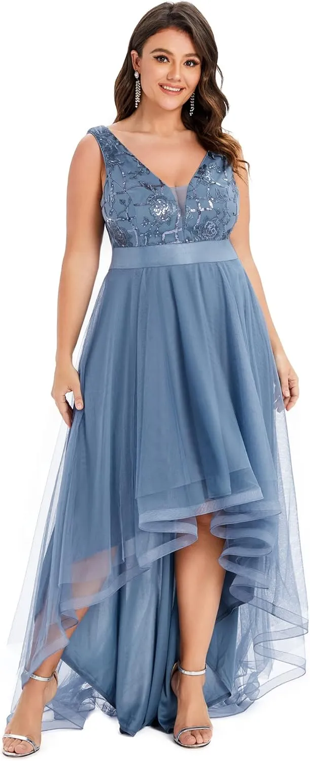 Ever-Pretty Plus Women's Deep V-Neck Lace Applique High Low A-Line Plus Size Tulle Maxi Evening Party Dresses 00793-DA