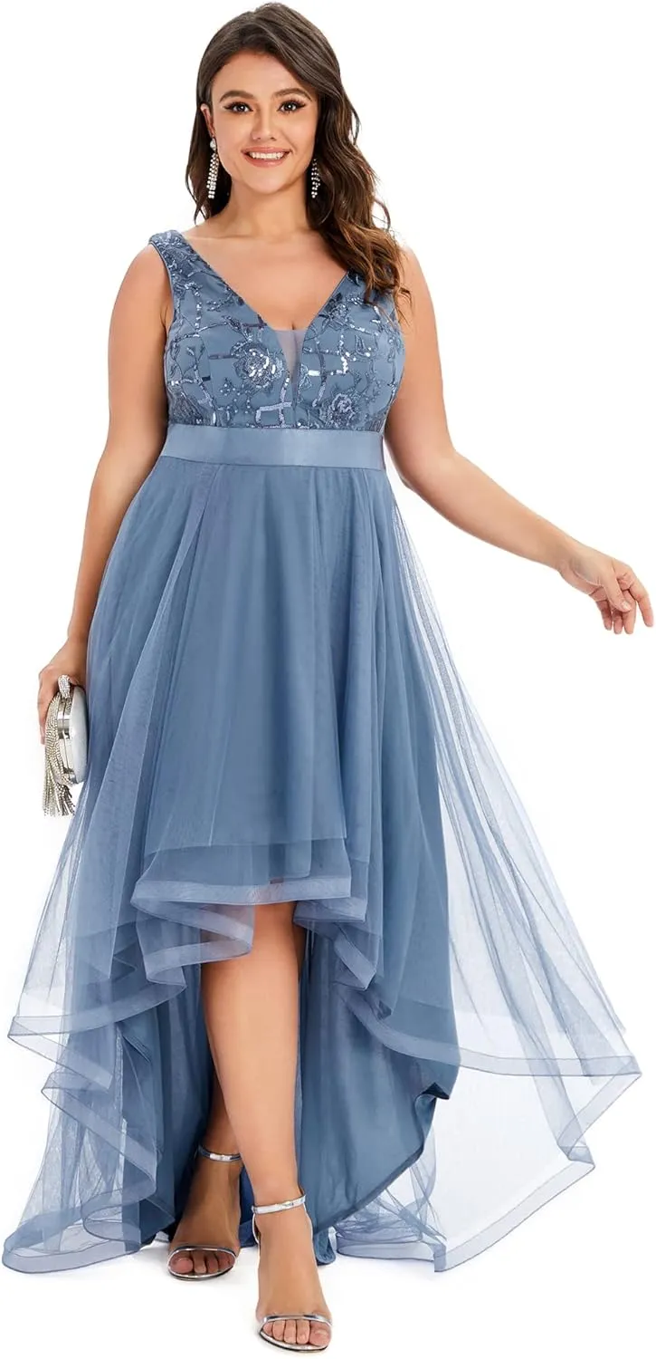 Ever-Pretty Plus Women's Deep V-Neck Lace Applique High Low A-Line Plus Size Tulle Maxi Evening Party Dresses 00793-DA