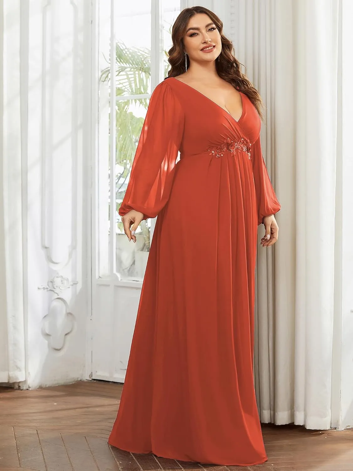 Ever-Pretty Plus Women's Floor Length V Neck Lantern Sleeves Floral Applique Plus Size Formal Dresses for Curvy Women