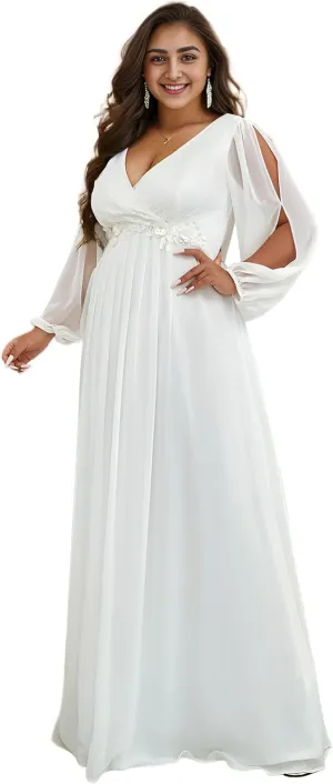 Ever-Pretty Plus Women's Floor Length V Neck Lantern Sleeves Floral Applique Plus Size Formal Dresses for Curvy Women