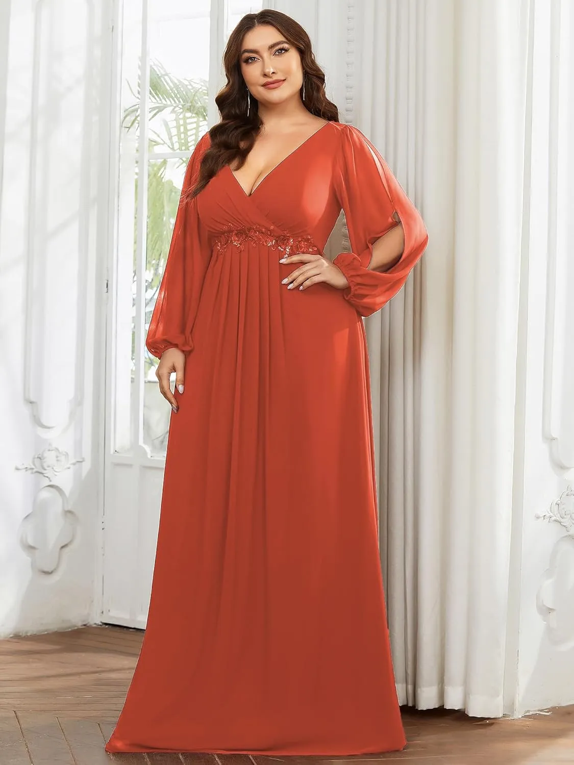 Ever-Pretty Plus Women's Floor Length V Neck Lantern Sleeves Floral Applique Plus Size Formal Dresses for Curvy Women