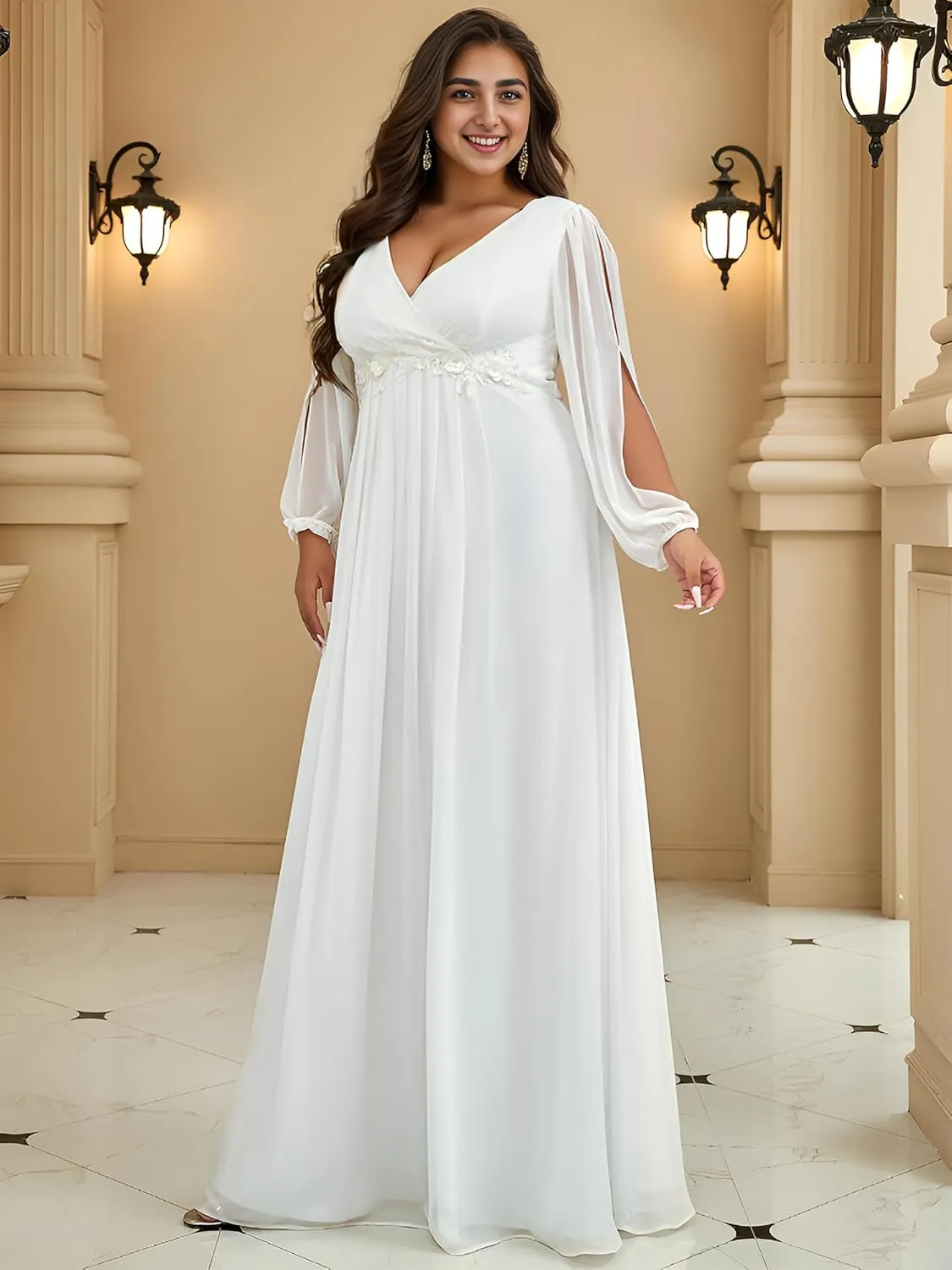 Ever-Pretty Plus Women's Floor Length V Neck Lantern Sleeves Floral Applique Plus Size Formal Dresses for Curvy Women