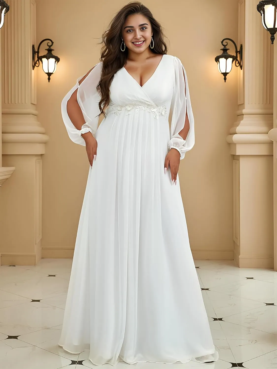 Ever-Pretty Plus Women's Floor Length V Neck Lantern Sleeves Floral Applique Plus Size Formal Dresses for Curvy Women