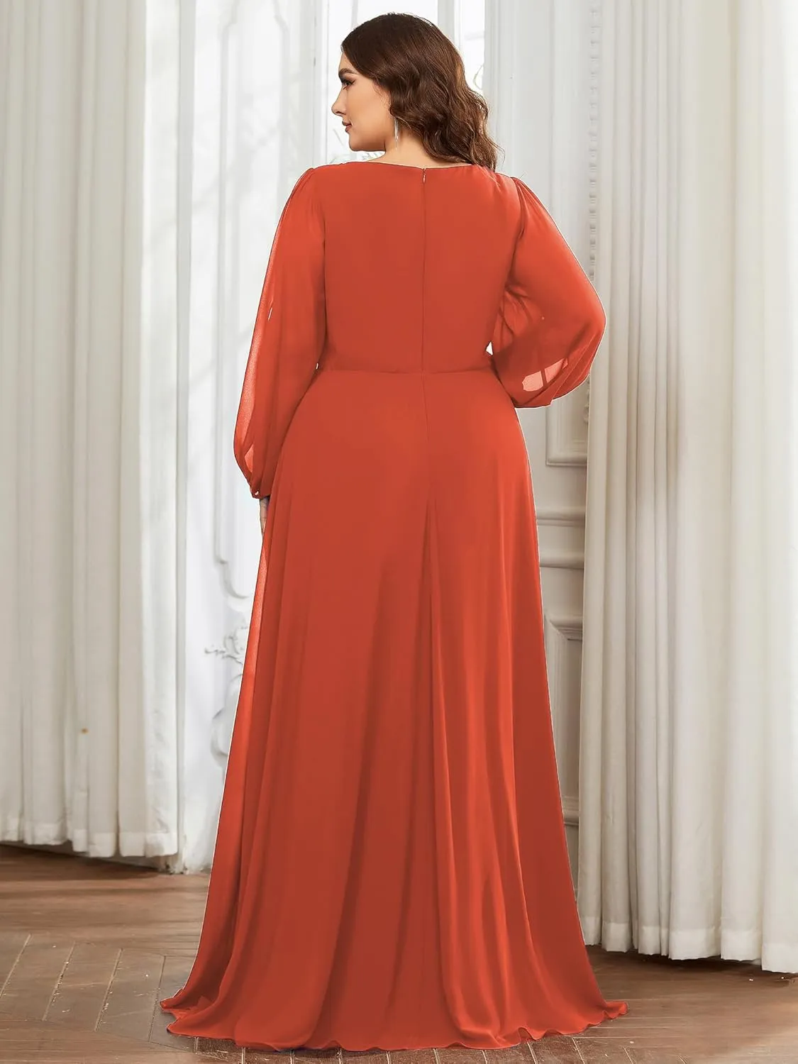 Ever-Pretty Plus Women's Floor Length V Neck Lantern Sleeves Floral Applique Plus Size Formal Dresses for Curvy Women