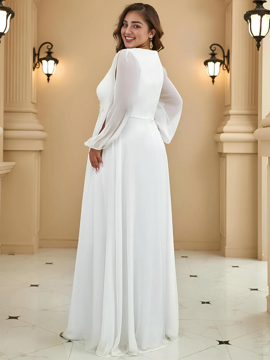 Ever-Pretty Plus Women's Floor Length V Neck Lantern Sleeves Floral Applique Plus Size Formal Dresses for Curvy Women
