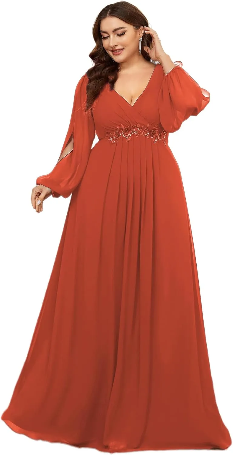 Ever-Pretty Plus Women's Floor Length V Neck Lantern Sleeves Floral Applique Plus Size Formal Dresses for Curvy Women