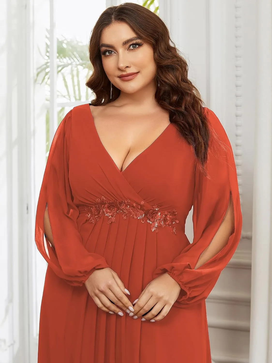 Ever-Pretty Plus Women's Floor Length V Neck Lantern Sleeves Floral Applique Plus Size Formal Dresses for Curvy Women