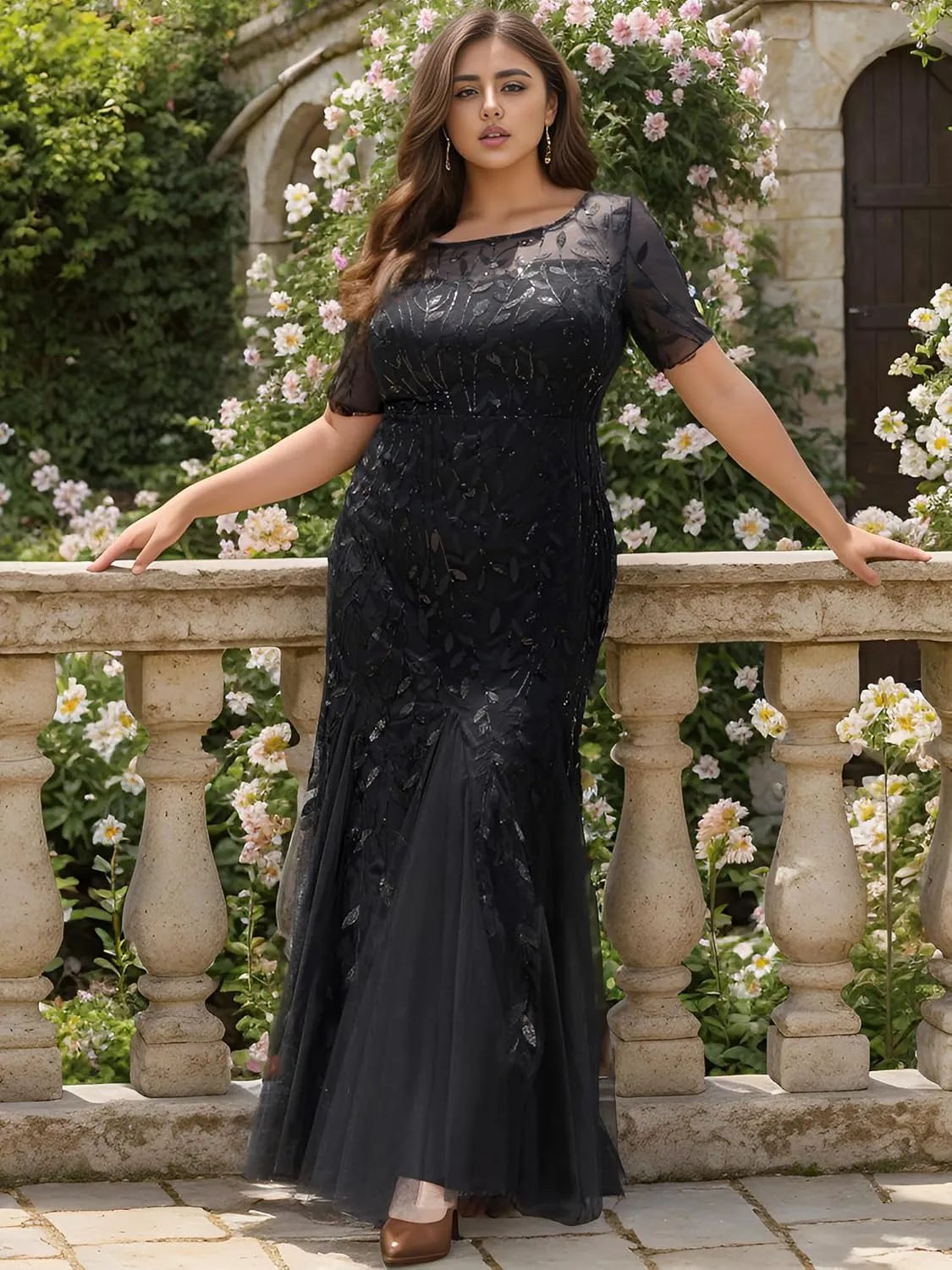 Ever-Pretty Plus Women's Glitter Round Neck Short Sleeves Embroidery Mermaid Plus Size Formal Dresses 07708-DA