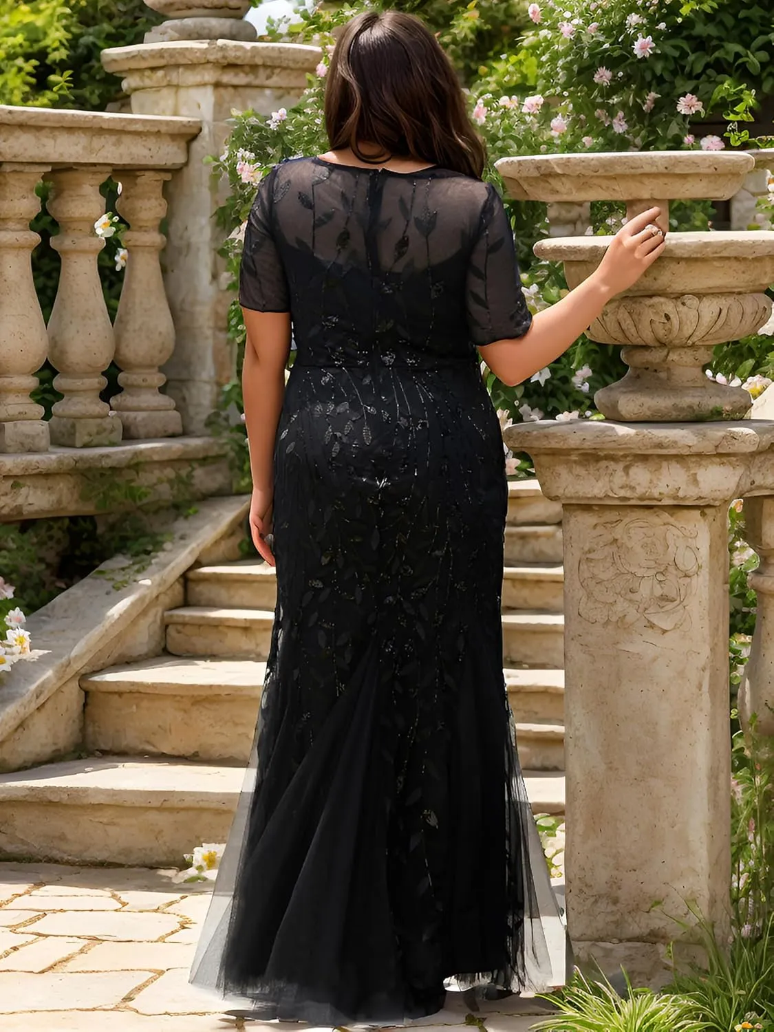 Ever-Pretty Plus Women's Glitter Round Neck Short Sleeves Embroidery Mermaid Plus Size Formal Dresses 07708-DA