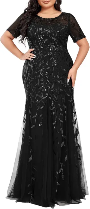 Ever-Pretty Plus Women's Glitter Round Neck Short Sleeves Embroidery Mermaid Plus Size Formal Dresses 07708-DA
