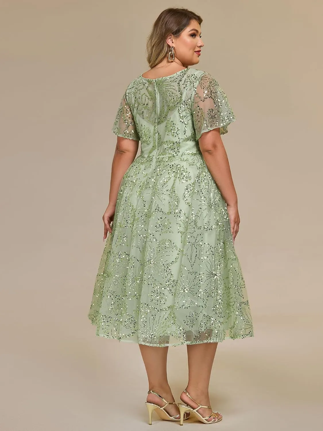 Ever-Pretty Plus Women's Gorgeous Round Neck A-Line Short Sleeves Midi Sequin Plus Size Formal Wedding Guest Dresses