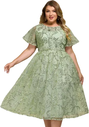 Ever-Pretty Plus Women's Gorgeous Round Neck A-Line Short Sleeves Midi Sequin Plus Size Formal Wedding Guest Dresses