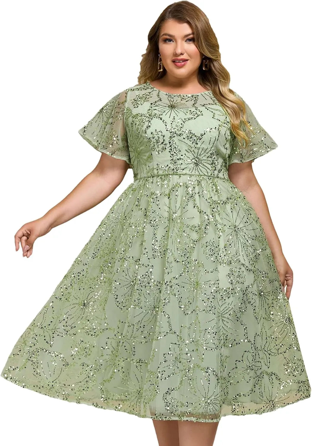Ever-Pretty Plus Women's Gorgeous Round Neck A-Line Short Sleeves Midi Sequin Plus Size Formal Wedding Guest Dresses