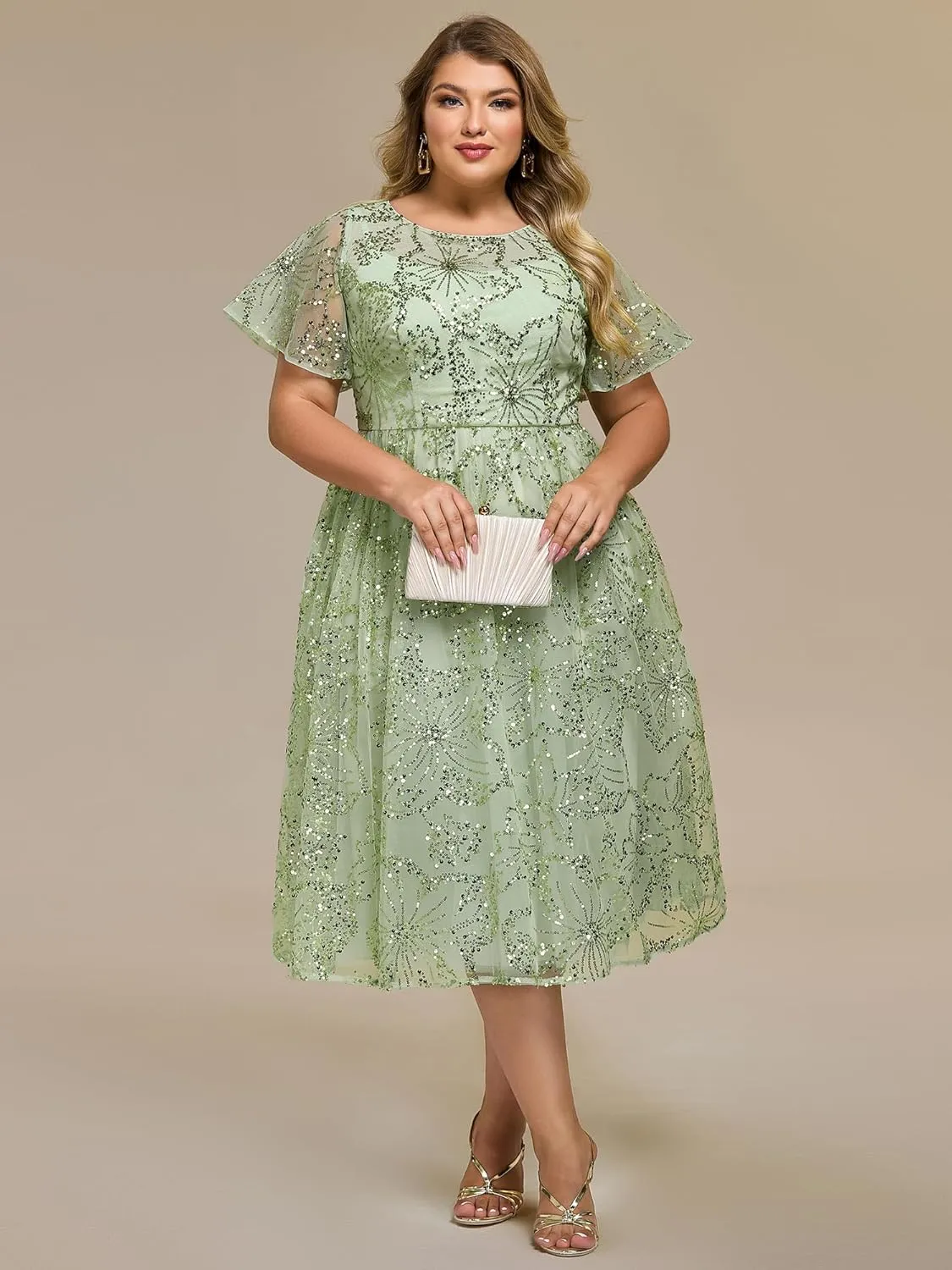 Ever-Pretty Plus Women's Gorgeous Round Neck A-Line Short Sleeves Midi Sequin Plus Size Formal Wedding Guest Dresses