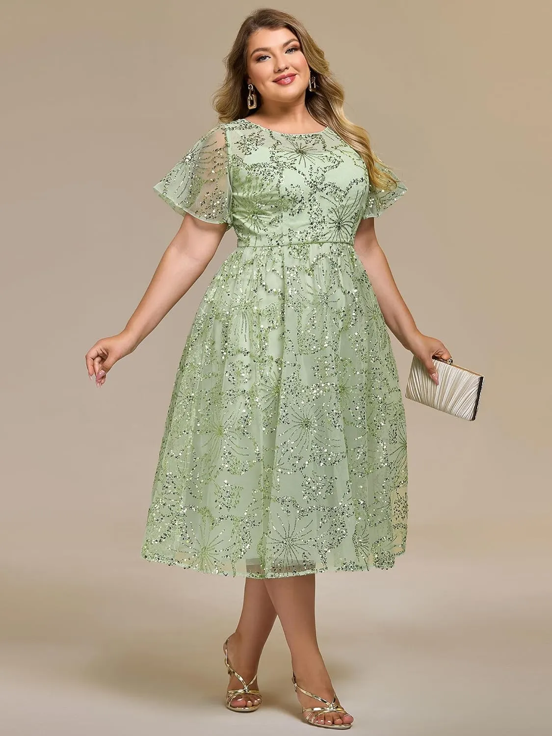 Ever-Pretty Plus Women's Gorgeous Round Neck A-Line Short Sleeves Midi Sequin Plus Size Formal Wedding Guest Dresses