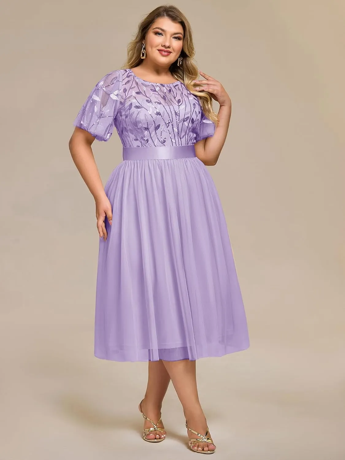 Ever-Pretty Plus Women's Round Neck Embroidery Short Sleeves Sequin Tulle Midi Plus Size Cocktail Wedding Guest Dresses