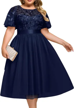 Ever-Pretty Plus Women's Round Neck Embroidery Short Sleeves Sequin Tulle Midi Plus Size Cocktail Wedding Guest Dresses
