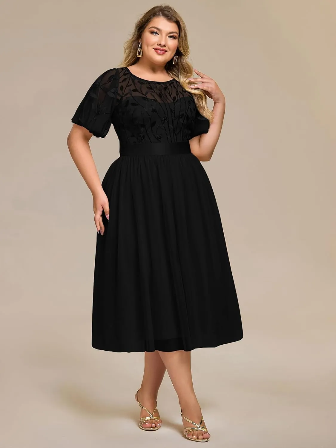 Ever-Pretty Plus Women's Round Neck Embroidery Short Sleeves Sequin Tulle Midi Plus Size Cocktail Wedding Guest Dresses