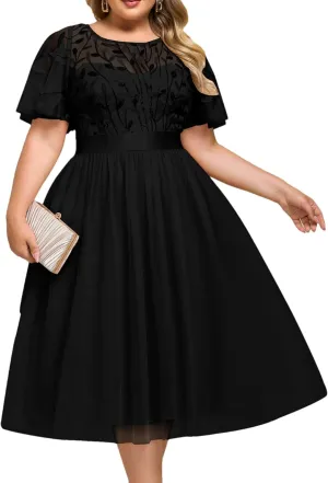 Ever-Pretty Plus Women's Round Neck Embroidery Short Sleeves Sequin Tulle Midi Plus Size Cocktail Wedding Guest Dresses
