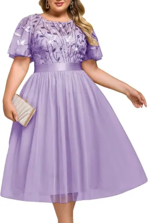 Ever-Pretty Plus Women's Round Neck Embroidery Short Sleeves Sequin Tulle Midi Plus Size Cocktail Wedding Guest Dresses