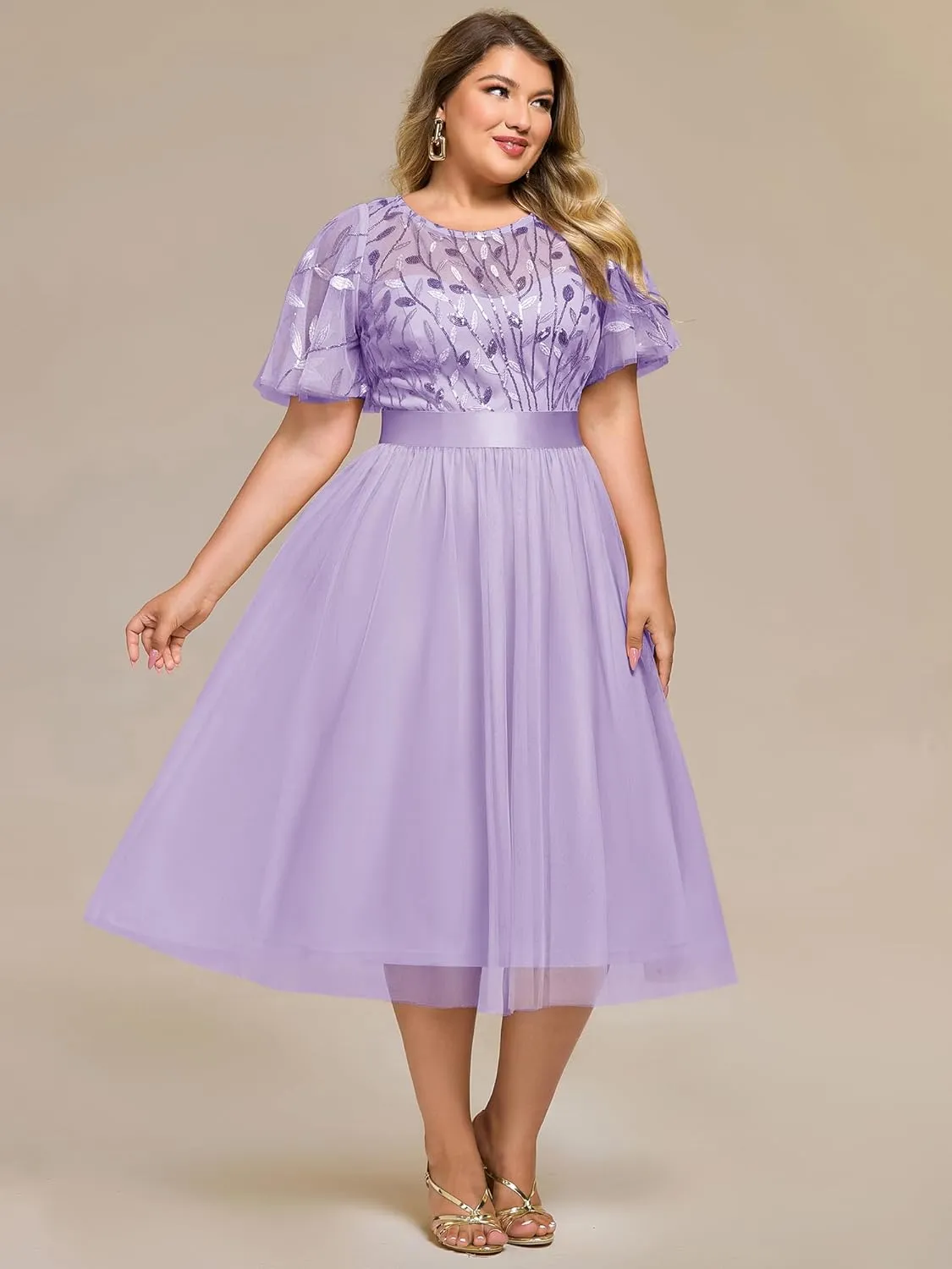 Ever-Pretty Plus Women's Round Neck Embroidery Short Sleeves Sequin Tulle Midi Plus Size Cocktail Wedding Guest Dresses