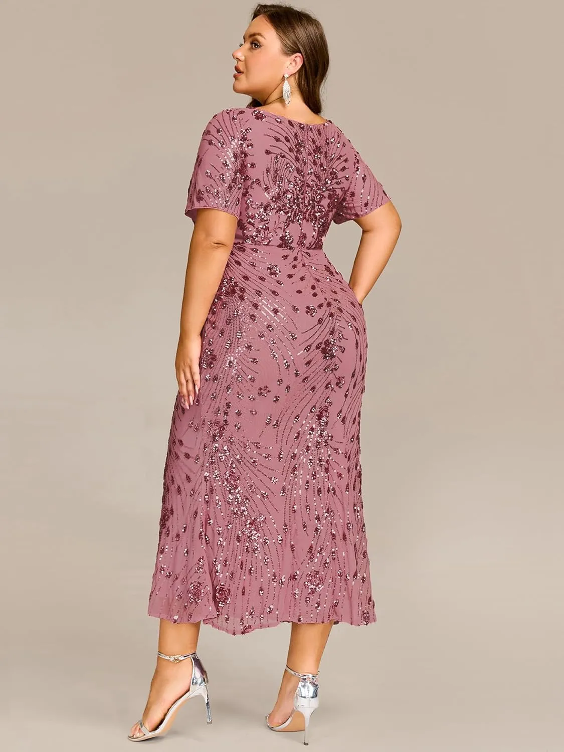 Ever-Pretty Plus Women's Round Neck Short Sleeves Bodycon Stretchy Gorgeous Sequin Maxi Evening Gown Plus Size Formal Dresses