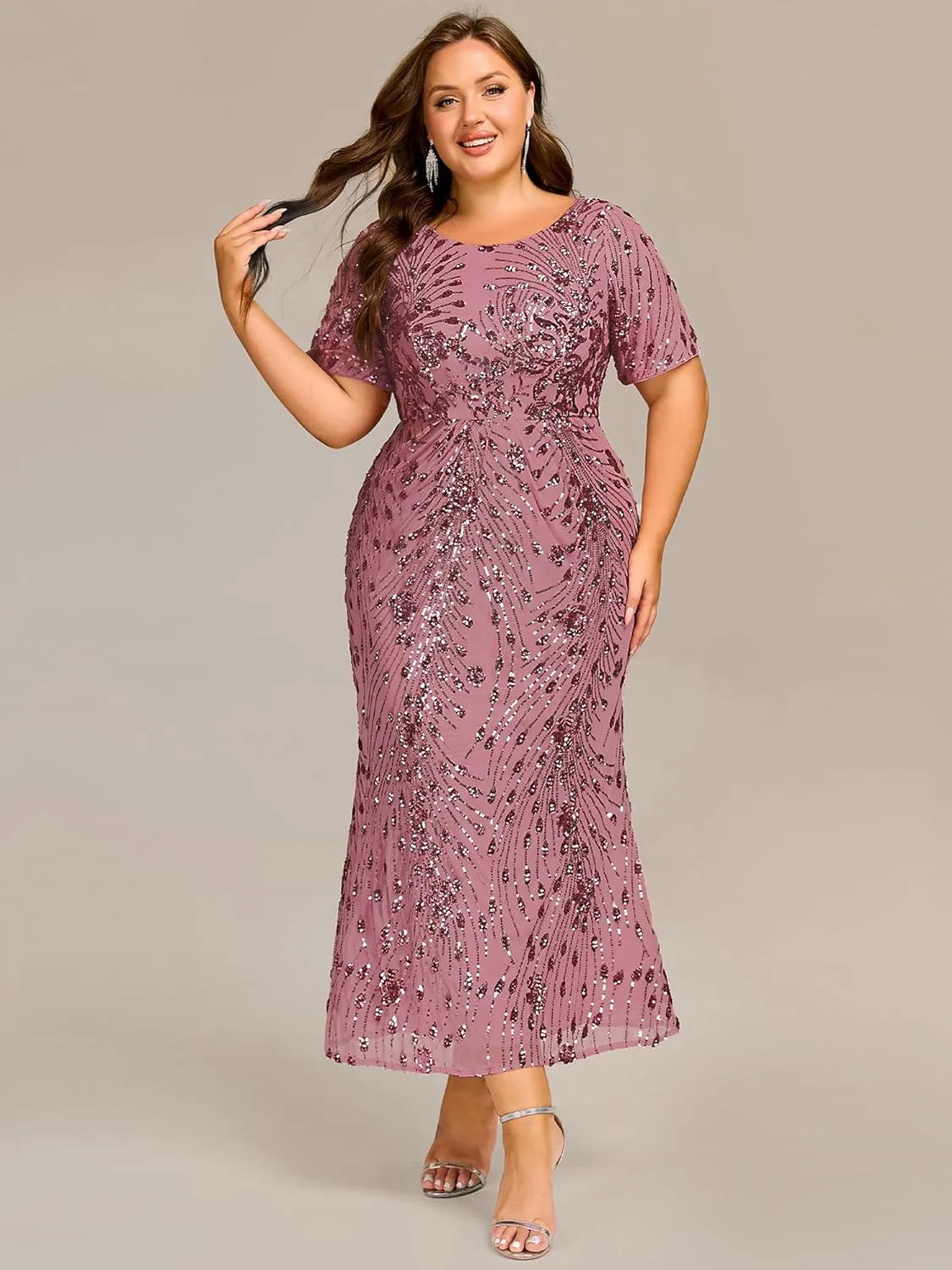 Ever-Pretty Plus Women's Round Neck Short Sleeves Bodycon Stretchy Gorgeous Sequin Maxi Evening Gown Plus Size Formal Dresses