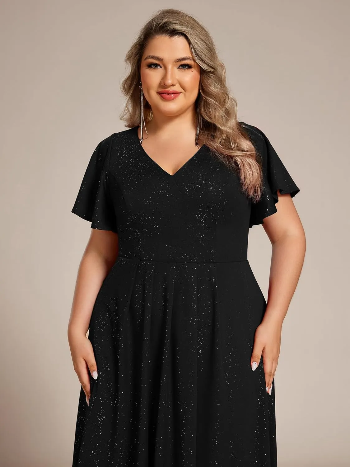 Ever-Pretty Plus Women's Short Sleeves V Neck Glitter Plus Size High Low Wedding Guest Dresses 71926-DA